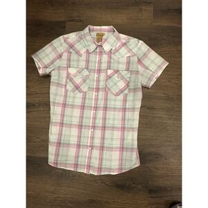 Women's Wrangler Pearl Snap Pink Plaid Short Sleeved Shirt Size Medium Cowgirl